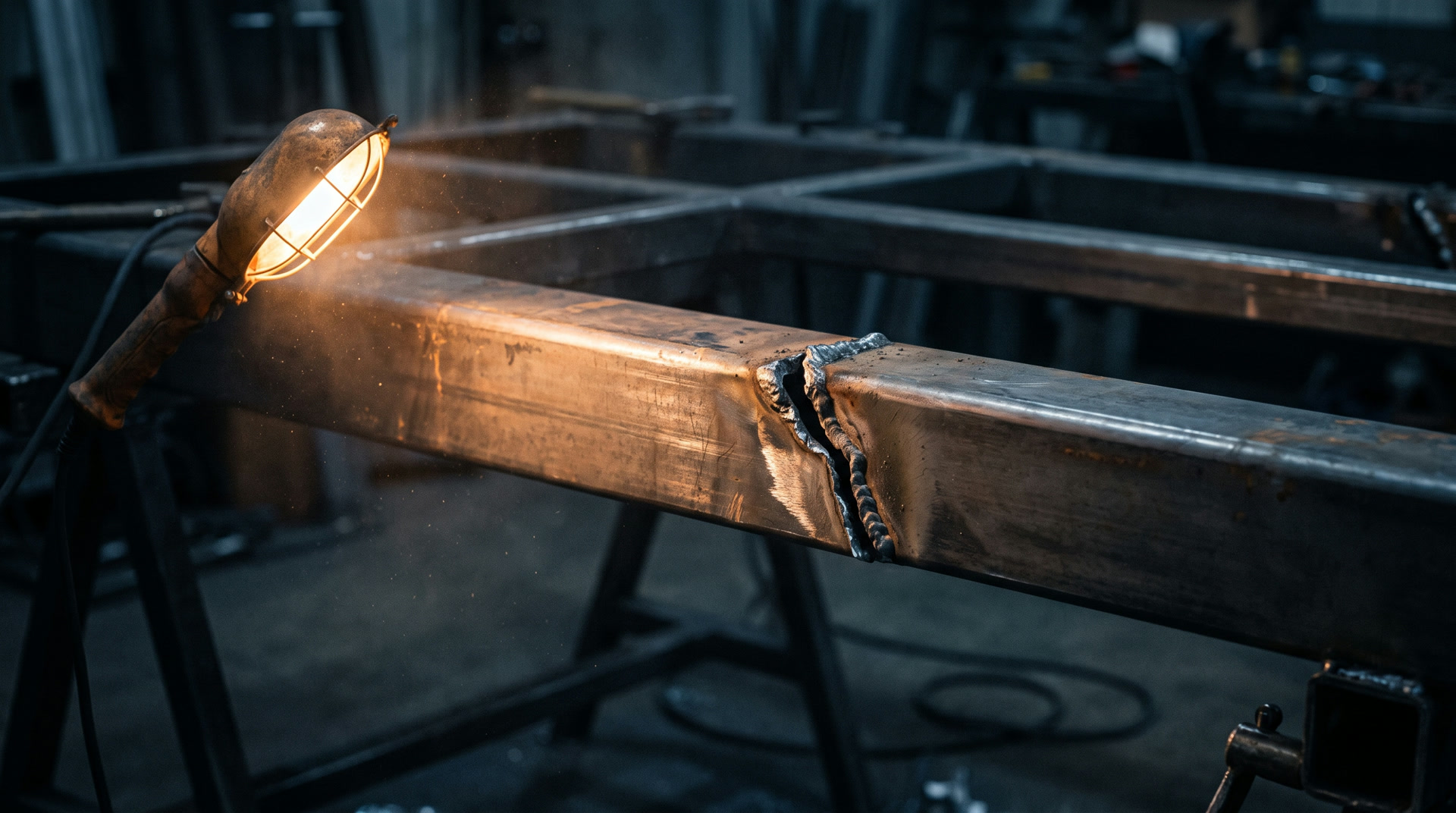 A jagged fatigue crack splitting an old weld joint on a steel trailer frame.