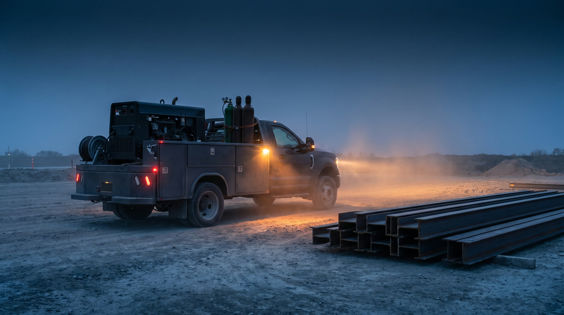A work truck on an open construction site at dusk, work lights thrown across stacked steel.