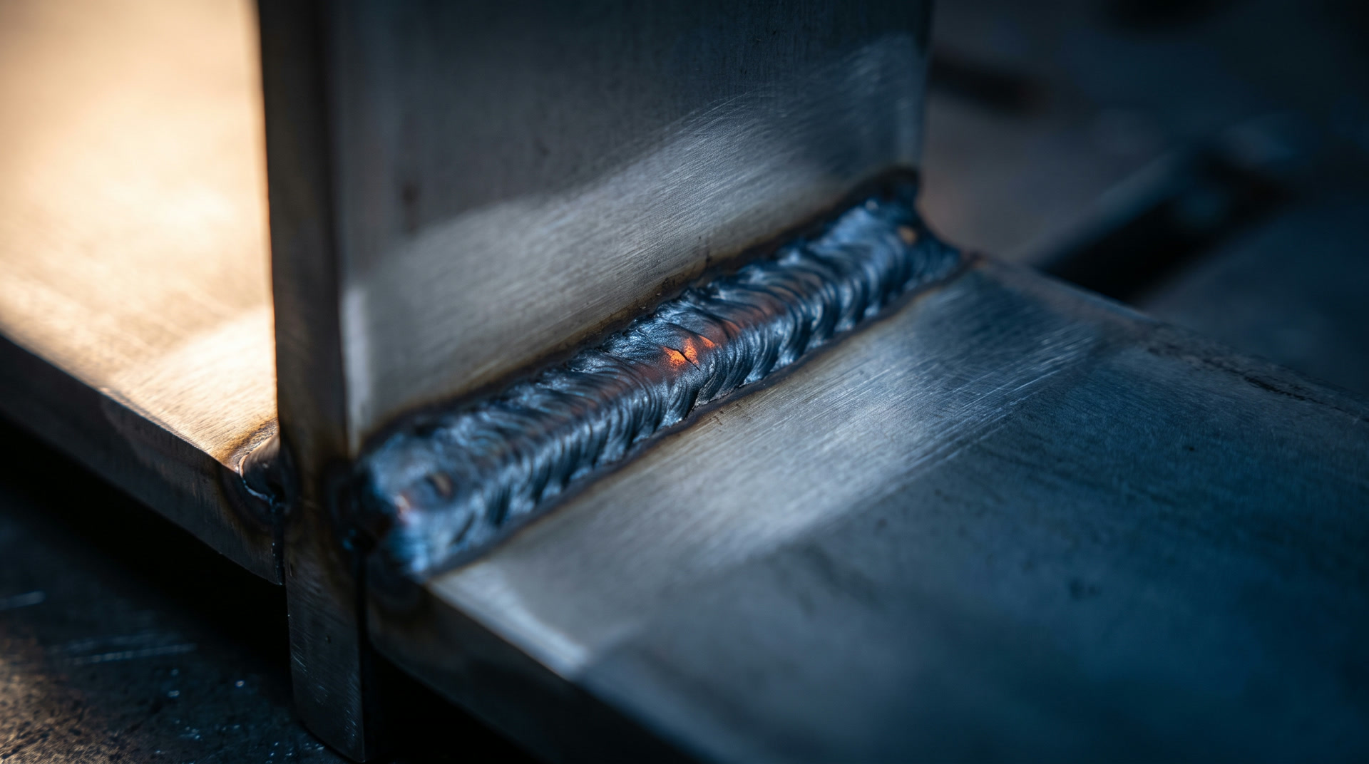 A finished weld bead with even ripple rings running along a steel joint, ground clean and square.